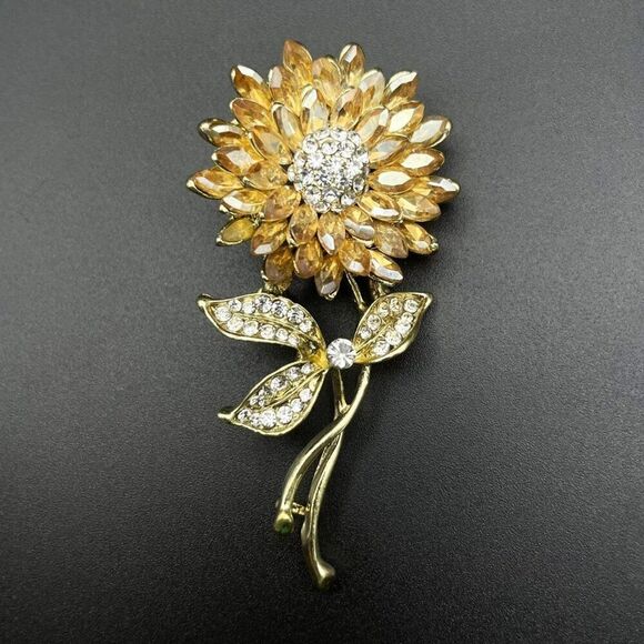 Yellow Gold with Champagne Topaz and Diamond Crystal Sunflower Pin Back Brooch - Picture 2 of 7